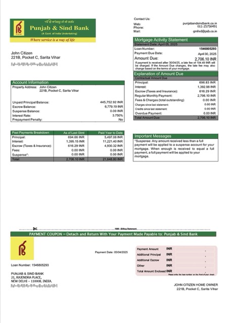 Download India Punjab & Sind Bank mortgage statement Word and PDF template Photoshop template
